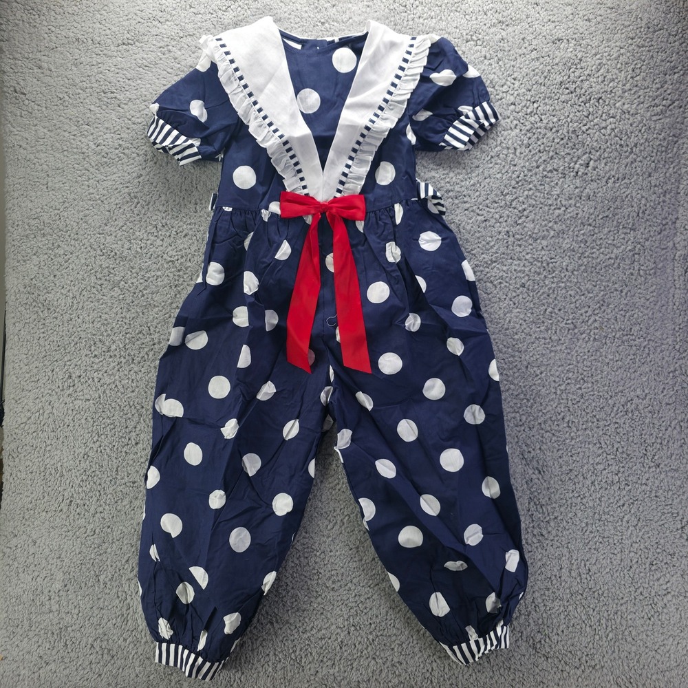Allison Ann Girls Navy Polka Dot Sailor Jumpsuit Red Bow Ruffle Collar 6X USA